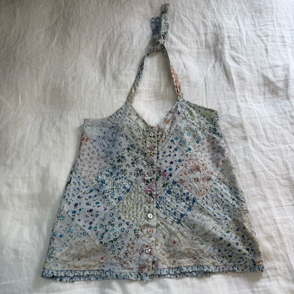 Vintage Y2K Blue Sky Embroidered Quilted Patchwork Floral Halter Top Tank Top - Picture 1 of 14